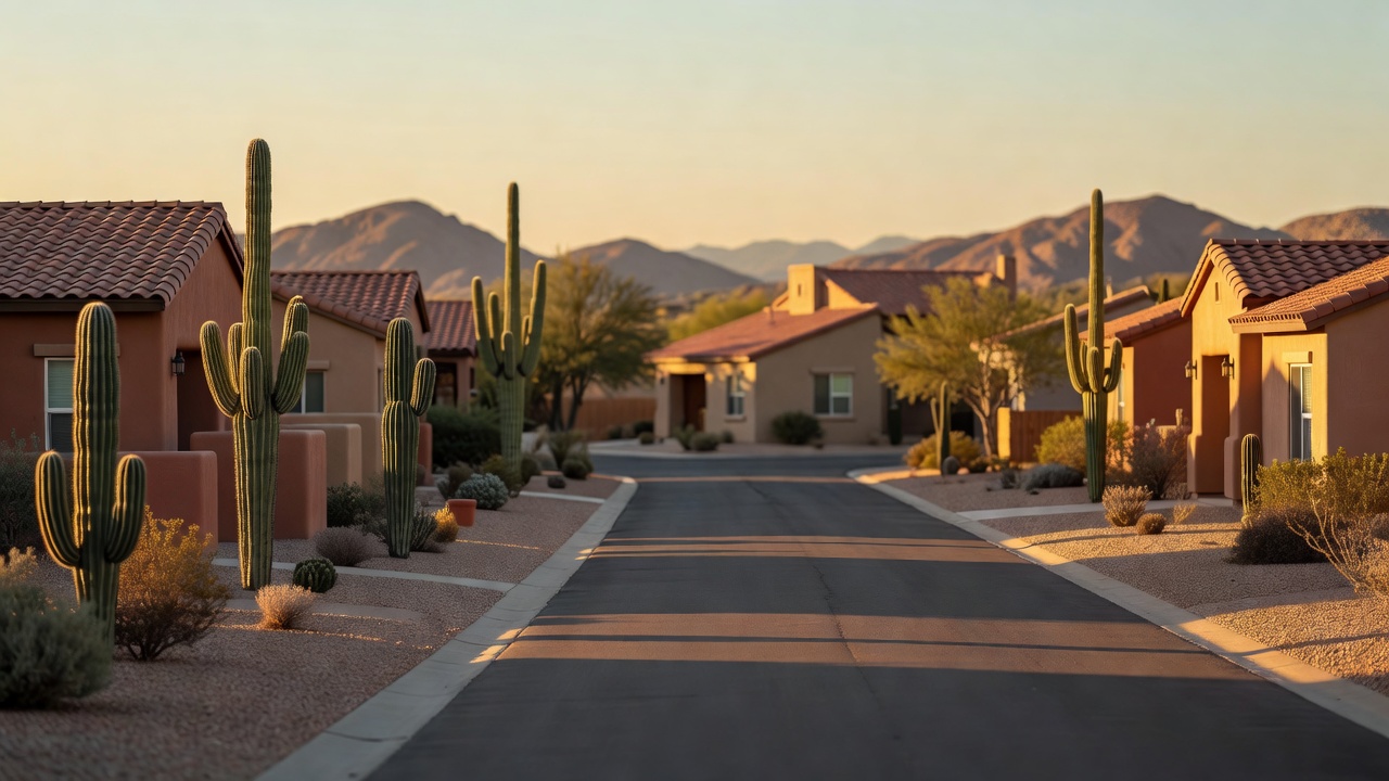 Quiet residential street in the Phoenix North Valley at golden hour, with desert landscaping and stucco homes